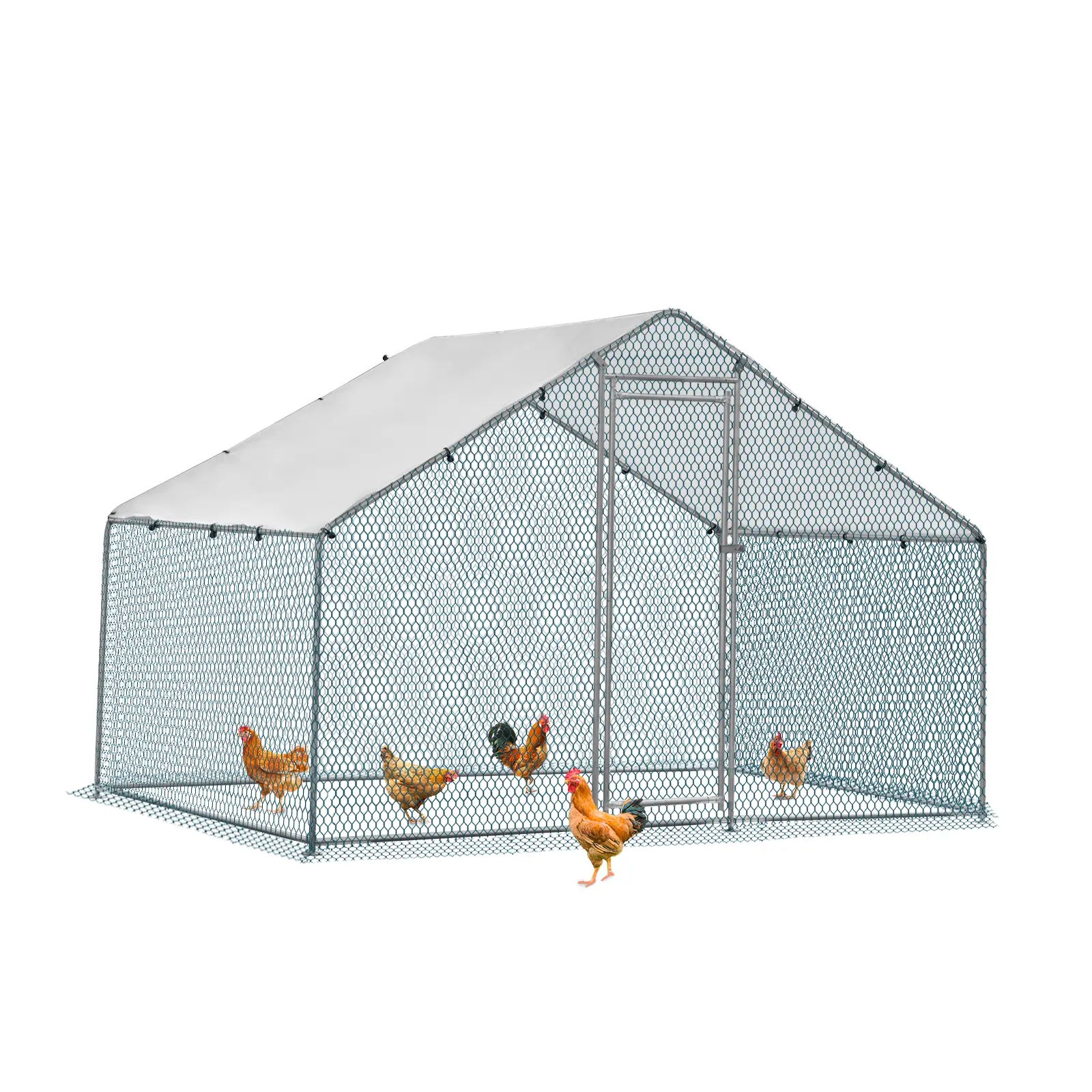 Walk-in Galvanized Steel Chicken Coop, Large Weather & Corrosion Resistant Chicken Run with PE Canopy, Hexagonal Mesh Poultry Enclosure for Chicken Duck Rabbit Goose Quail，chicken coop, chicken run, walk in chicken coop, outdoor poultry pen