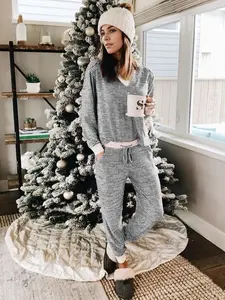 Women's Striped Print V Neck Tee & Pants Loungewear Set, Casual Comfy Long Sleeve Top & Trousers for Spring & Fall, Lady's Sleepwear Pajamas