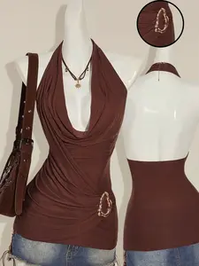 2026 New Women's Brown Draped Halter Tank Top, Deep V Neck Ruched Party Top With Metal Ring Detail, Sexy Slim Fit Ladies Cami Top