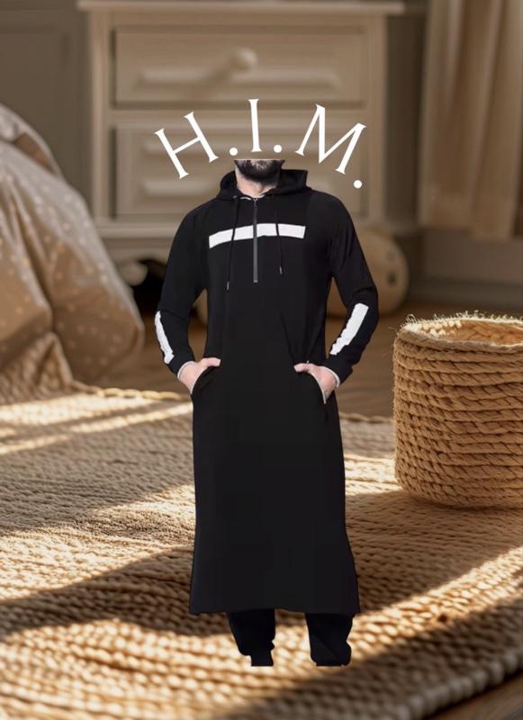 Men’s Hooded Thoub (Mens Islamic Wear) Colors available are: Grey/White/Army Green. It is Designed with Stripe across the chest and a stripe along the sleeves. This Thoub is Long Sleeved and has a Drawstring Closure at the neck line and two side pockets.
