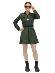 Fighter Pilot Costume for Women - Military Aviator Dress with Sunglasses, Dog Tag & Belt, Halloween Cosplay Outfit