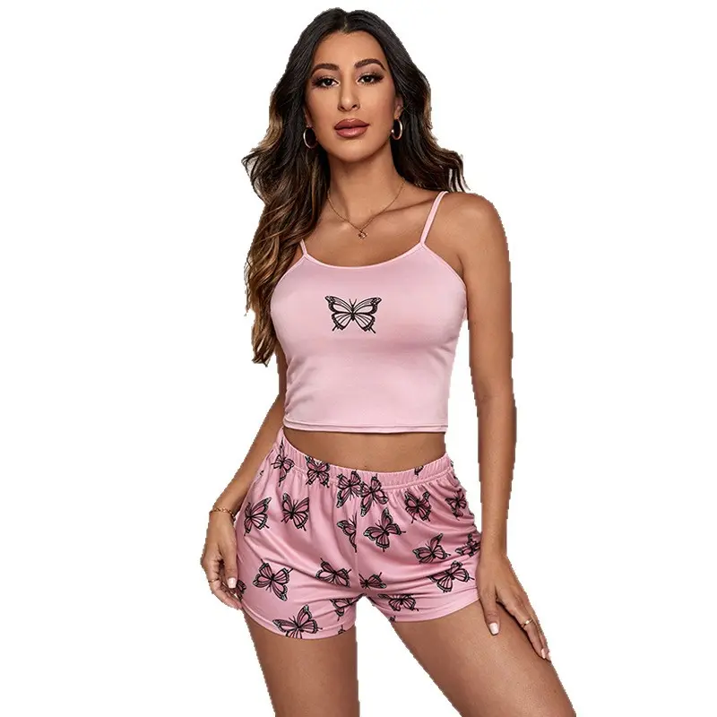 JointlyCreating Women's Casual Loungewear: Soft, Stretchy Two-Piece Pajama Set for Home—Casual Pajamas, Nightwear, Pyjamas, Pjs, Women's Wear: camisole  Top & Elastic-Waist Shorts with Bow and Butterfly Print
