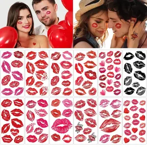 12 Sheets Holloween Valentine's Day Lip Prints Temporary Tattoos, Face Body Fake Tattoos, Hot Pink Red Black Kiss Heart Stickers Birthday Party Favors Supplies Festivals Makeup