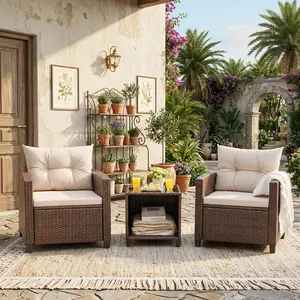 3 Piece Outdoor Rattan Patio Bistro Set, All Weather Wicker Conversation Chairs with Removable Cushions and Square Coffee Table, Beige Elegant Furniture for Balcony Garden Porch Backyard Poolside