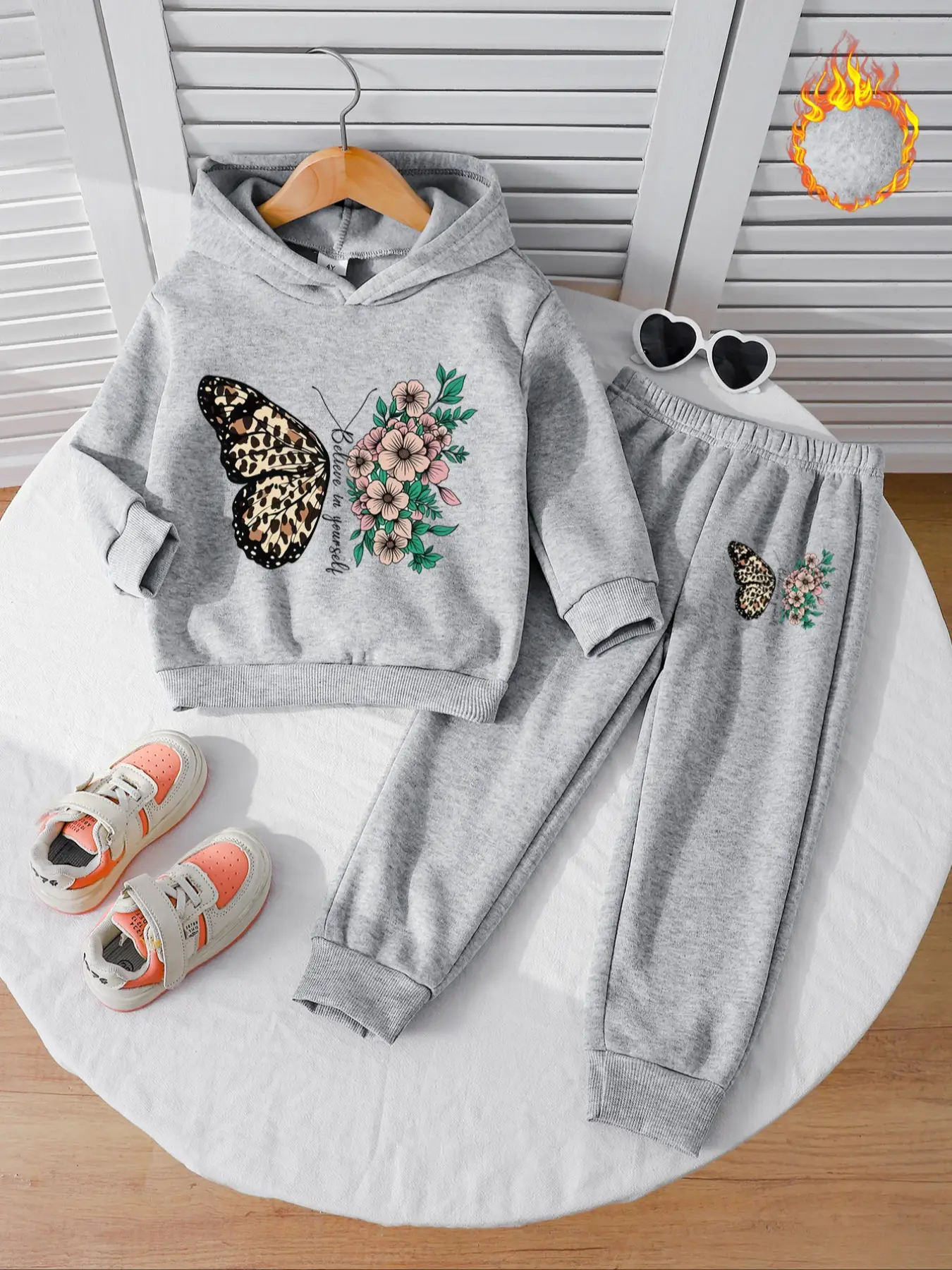 Girls' Fall Winter Fleece Set Hooded Sweatshirt & Jogger Pants, Cute Butterfly Daisy Print, Casual Soft Kids, Clothes Kids