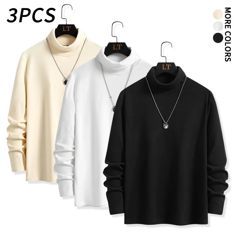 3-pcs men’s stretchy, soft fleece high-neck long-sleeve tops in solid colors—warm, close-fitting base layers suitable for everyday commuting, casual wear, autumn/winter layering, and home wear; available in 3 neutral colors.