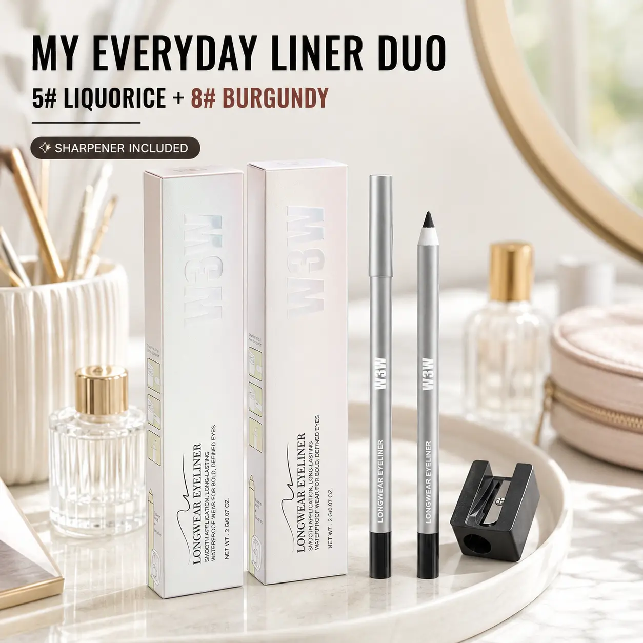 2pcs Waterproof Longwear Eyeliner Pencils Set - 5# Liquorice Black & 8# Burgundy, Sharpenable with 2 Sharpeners, Smooth Apply Eye Make-Up for Daily & Office Use