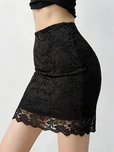 Summer New High Waist Lace Bodycon Short Skirt, Step Hem A-Line Midi Dress, Slimming Fashionable Women's Clothing