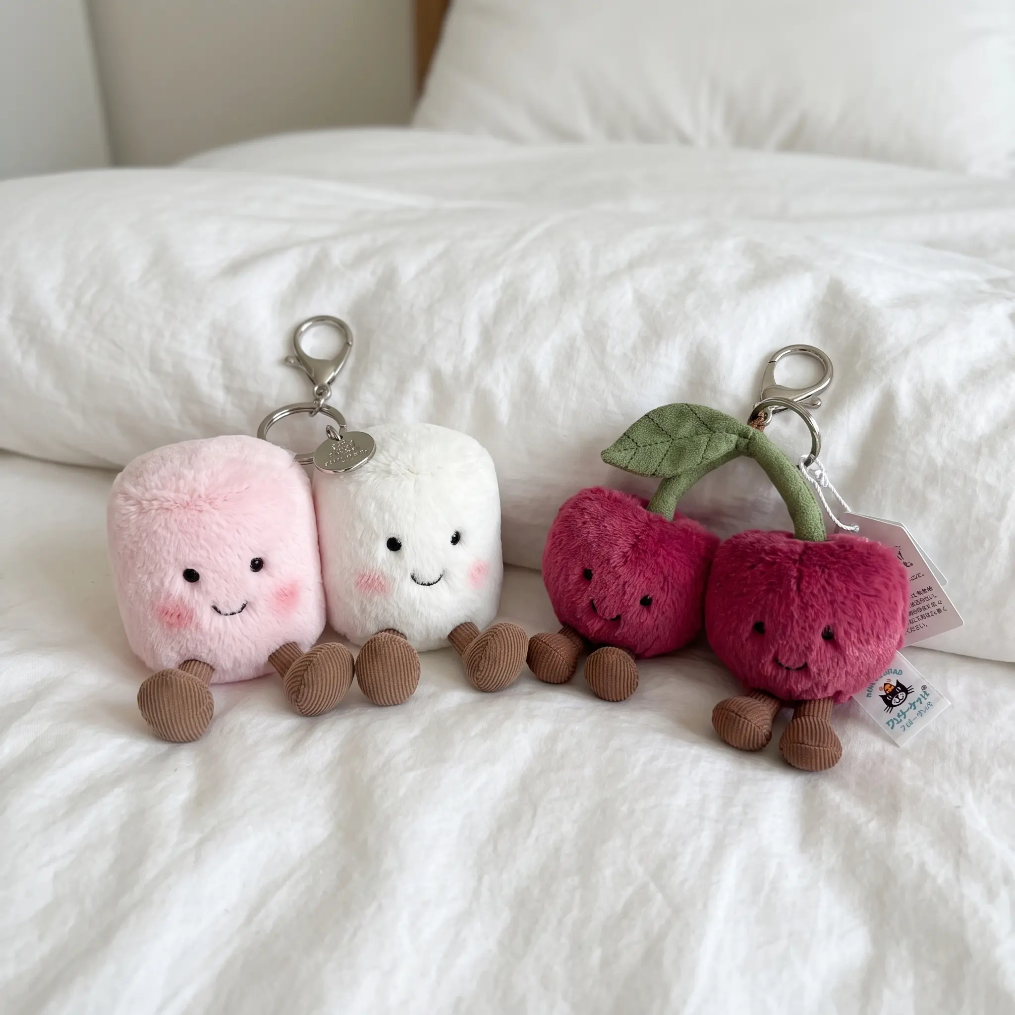 Jellycat Amuseables Pair of Marshmallows and Cherries Plush Bag Charm Collection, Plush Keychain, Cute Soft Bag Accessory Dangle, Fantasy Gift for Her, Bag Charm