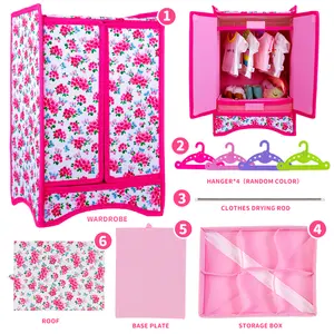 Red flower doll wardrobe set, clothes hanger (random color), storage box, and accessories fit for 18 inch dolls, Christmas gift
