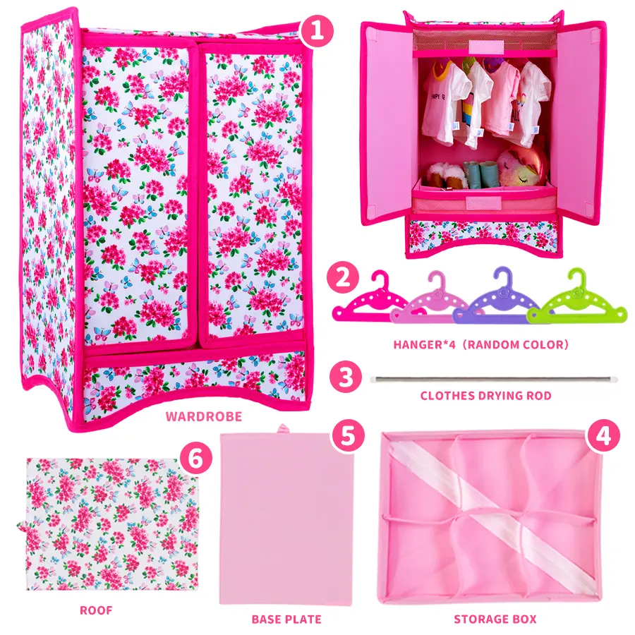 18-Inch Dress Up Doll Red Flower Wardrobe Set - Random-Color Clothes Hanger, Storage Box, Accessories, Christmas Gift Toy for Doll Accessory Enthusiasts