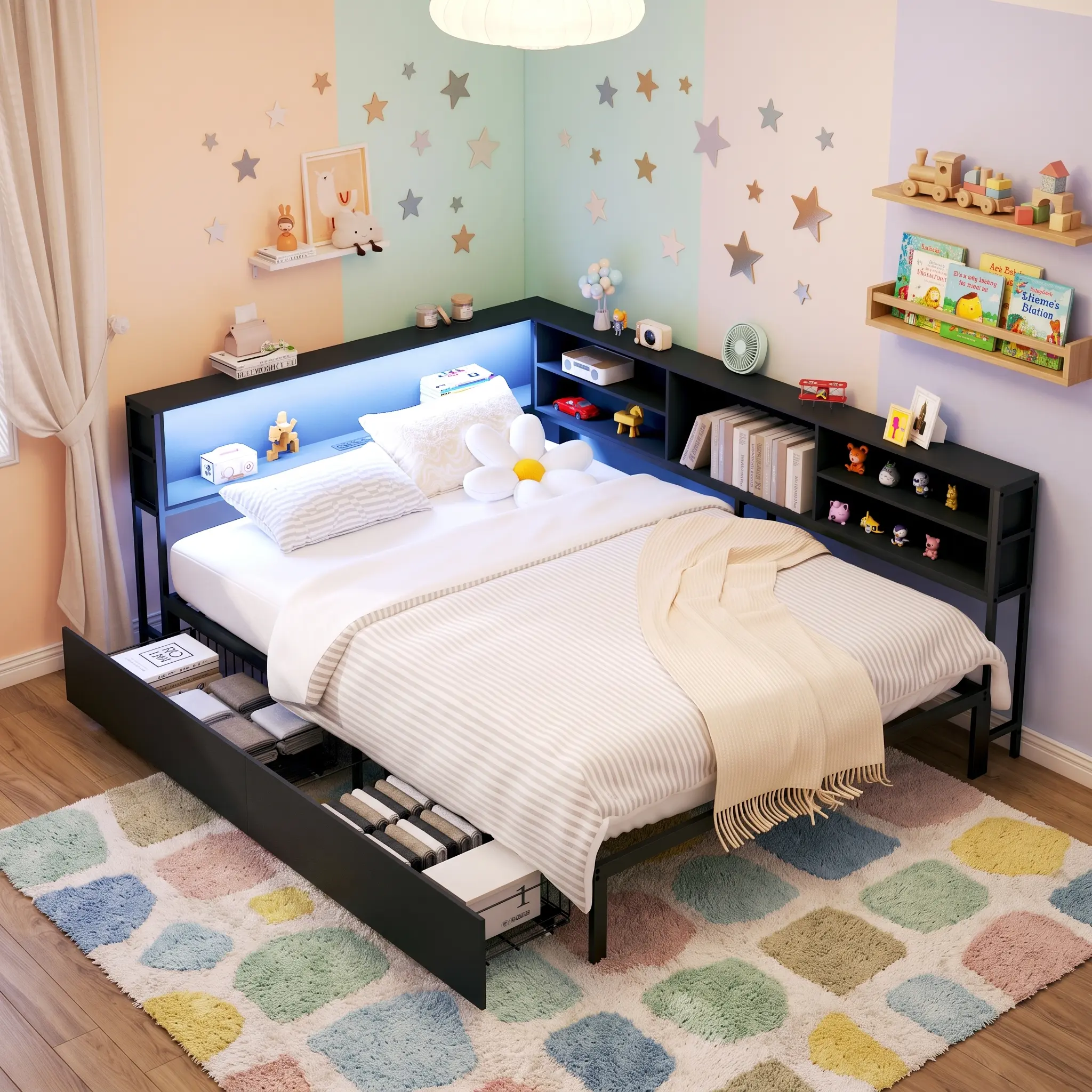 Full Size Corner Daybed with Storage Drawers, Bookcase Headboard & LED Lights, Space Saving Bed Frame with Charging Station and USB Ports, Modern Daybed Sofa Bed for Bedroom Guest Room Apartment