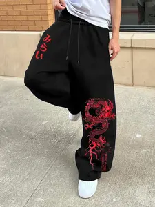 Men's Casual Sport Pants, Dragon Graphic Print Sweatpants, Drawstring Wide Leg Leisure Long Pants, All Season Men's Clothing