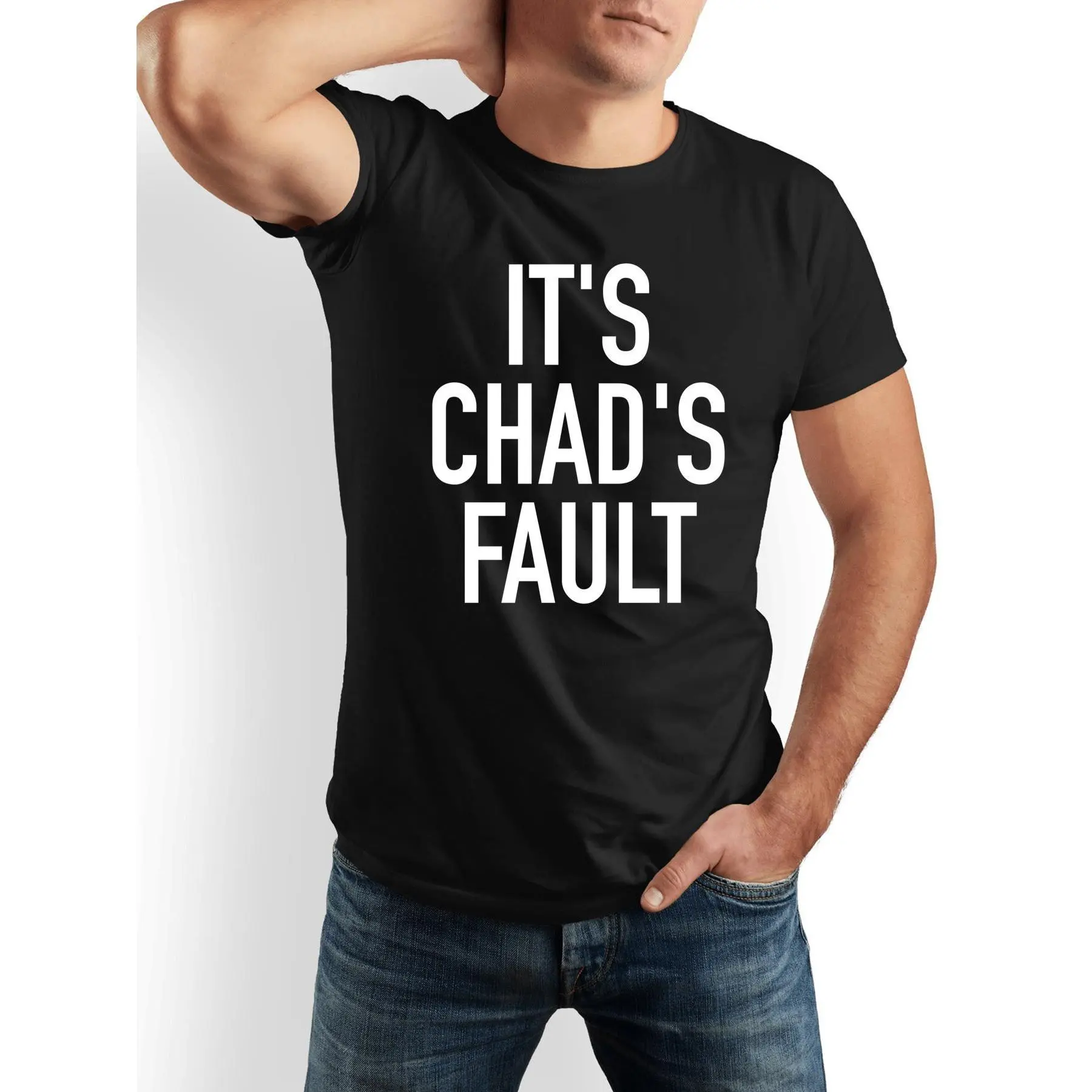 "IT's CHAD's FAULT" Funny Graphic Mens Short-Sleeve Crew Neck T-Shirt - 100% Cotton Oversized Vintage Casual Streetwear, Dad Humorous Gift, Everyday Comfort (Black & White), Shortsleeve, Tshirt