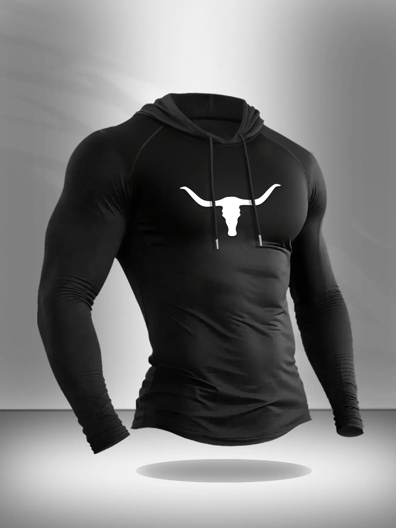 Men's Athletic Hooded Long Sleeve T-Shirt - Slim Fit Compression Workout Top with Bull Logo, Gym Shirt for Training, Running & Casual Wear | Trendy Streetwear Hoodie Tee Athletic Style Activewear Athletic Compression Shirts Workout Sportswear
