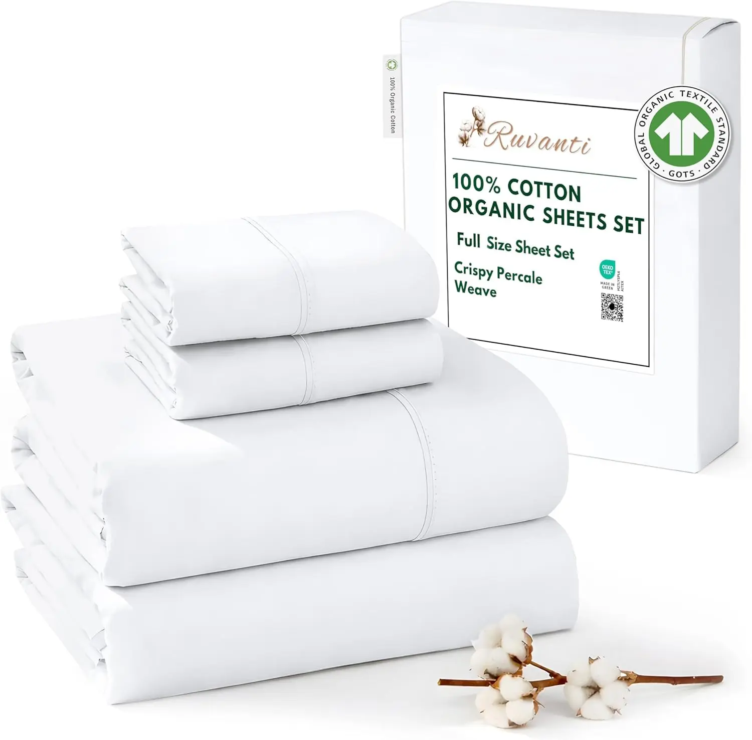 RUVANTI 100% Cotton Organic Percale Sheets Full Size – Crisp Cooling Bed Sheets for Hot Sleepers, Deep Pocket 15”, Soft Peach Finish, Breathable & Durable Hotel-Style 4 Pcs, Bright White