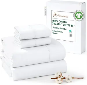 RUVANTI 100% Cotton Organic Percale Sheets Full Size – Crisp Cooling Bed Sheets for Hot Sleepers, Deep Pocket 15”, Soft Peach Finish, Breathable & Durable Hotel-Style 4 Pcs, Bright White