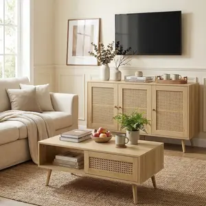 Living Room Table Sets of 2, Includes 47" Rattan TV Stand Storage Cabinet for 55" TV, Farmhouse Coffee Table with Storage Shelf for Bedroom