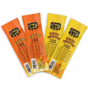 Long John Snacks Pickled Sausage 4 Pack - Sizzlin' Hot & Blazin' Hot - Individually Wrapped Smoked Meat Sausages Dried Dry Natural Flavor Spicy