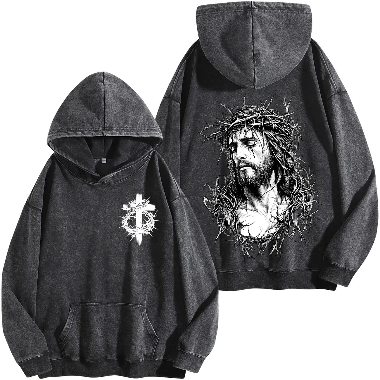 Tears of Blood – Christ’s Love in Pain - Jesus Crown of Thorns Washed Hoodie God Apparel Tee, Easter T-Shirt, Jesus T-Shirt, Easter Streetwear, Christian Apparel Graphic Tees, Gym Pump Cover Church Outfit