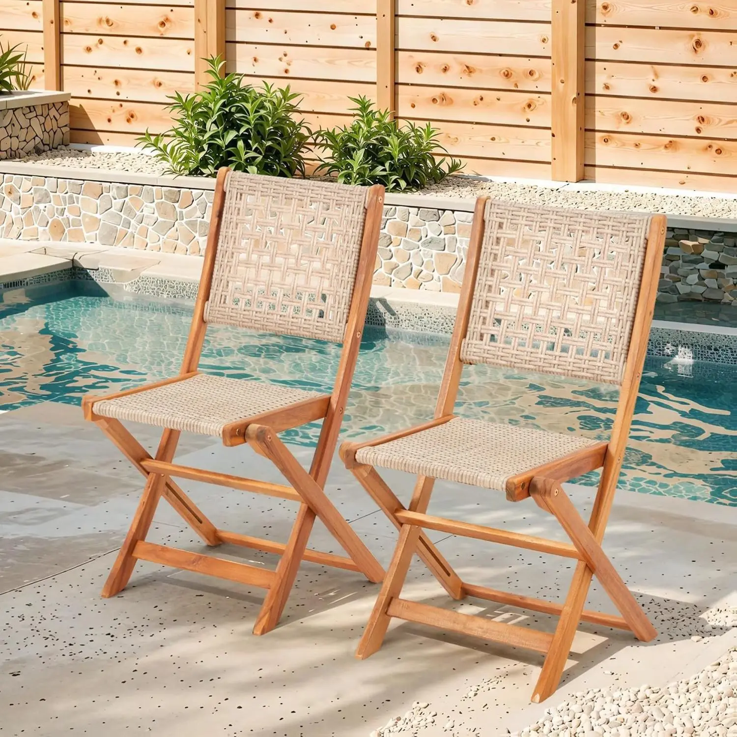 Outdoor Folding Chairs, Wooden Patio Dining Chairs with High Back, Grey Rattan Farmhouse Style Deck Chair for Backyard, Porch, or Indoor Use
