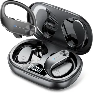 Wireless Earbuds Bluetooth 5.3 Headphones 48Hrs Playtime Black Sports Earhooks Over Ear Earphones with LED Display, IPX7 Waterproof Built-in Mic Headset for Workout, Running, Gym