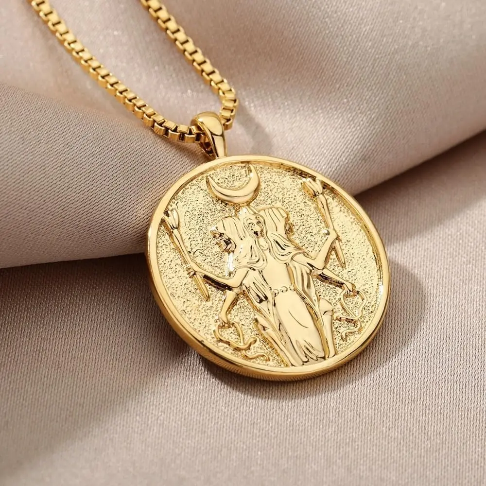Hecate Athena Artemis 18K Gold Plated Necklace,Greek Mythology Necklace,Gold Medallion Queen Necklace For Women