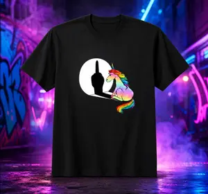 Women's 100% Cotton Edgy Rainbow Unicorn Shadow Flip-Off Graphic Tee, Streetwear Classic Comfy Short-Sleeve T-Shirt for Casual Summer Everyday Wear