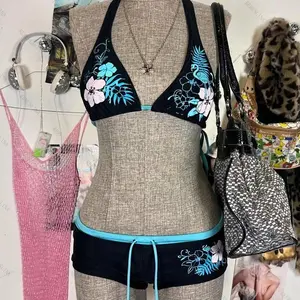 Y2k Vintage Flower print Cutie 2 set Bikini Swimsuit Sexy Women Bathing Fashion Halter Strap Swimwear High Street Beach Female