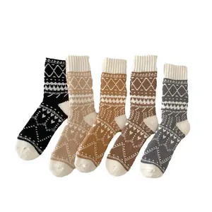 Retro Nordic Fair Isle Fuzzy Crew Socks | Warm Thick Winter Home Socks for Women & Men, Cozy Plush Knit Socks