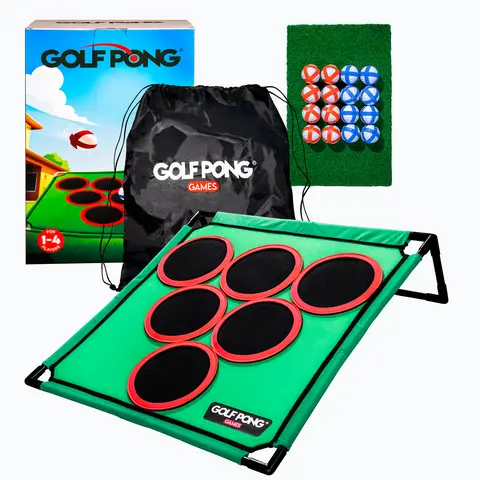 Golf Pong Game Set for Unisex Adults - 1x Board (No Club), Indoor/Outdoor Use, 16 Velcro Balls, Pongball, Putting Mat, Carrying Case, Custom Targets, Portable, Ideal for Birthdays, Holidays, Gifts for Him