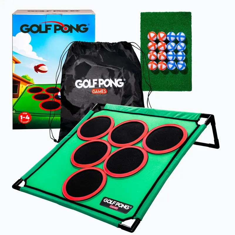 Golf Pong Game Set for Unisex Adults - 1x Board (No Club), Indoor/Outdoor Use, 16 Velcro Balls, Pongball, Putting Mat, Carrying Case, Custom Targets, Portable, Ideal for Birthdays, Holidays, Gifts for Him