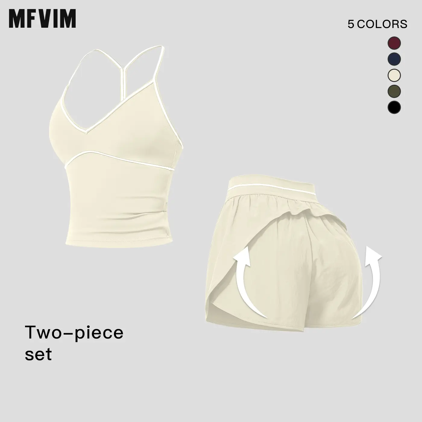 MFVIM Women’s V-Neck Contrast Trim Yoga Set — Long Camisole Top with Y-Back Design and Side Pockets, Quick-Dry Loose Sports Shorts, Two-Piece Fitness Outfit
