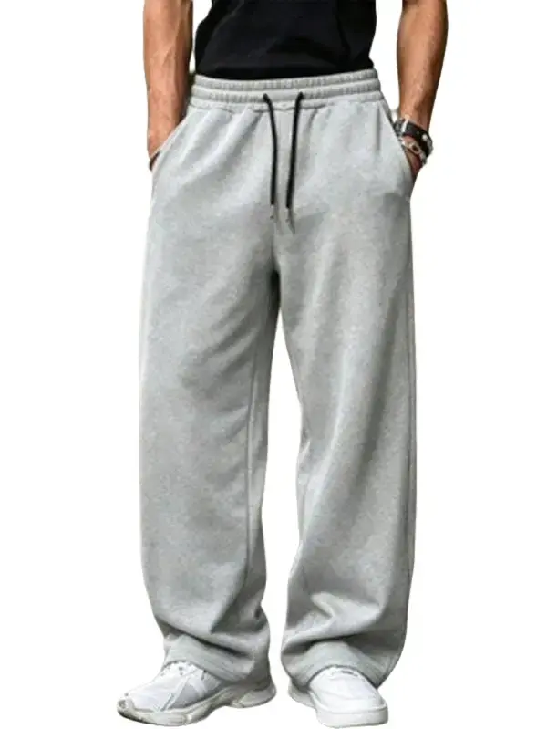 Men's Solid Color Uncuffed Sweatpants, Loose Fit Casual Sportswear Pants with Soft Drape, Drawstring and Pockets, Regular