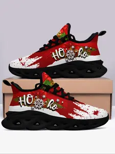 Women's Christmas Tree & Cat Print Low Top Sneakers, Casual Comfortable Breathable Sports Shoes, Female All-match Round Toe Shoes for Daily Wear