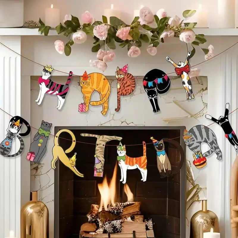 13pcs Pet Cat Birthday Party Decorations, Cat Theme Decorative Banner Decoration Banners Decor Ornaments, Perfect for Cat Lovers, Fun and Festive Party Supplies