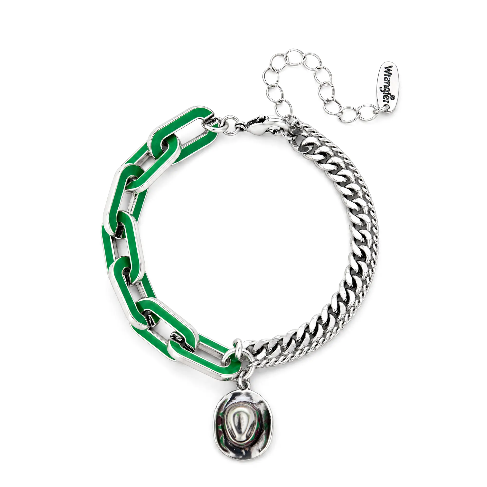 Women's Silver-Plated 2-Tone Enamel Chain Link Bracelet, Wrangler Western Cowboy Hat Theme Jewelry, Southwestern Cowgirl Statement Accessory, Cowboy Hat Theme Bracelets & Bangles, Chain Jewelry Bracelets & Bangles