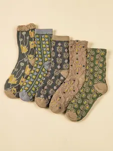 Women's Textured Floral Print Crew Neck Socks, Retro Multicolored Socks, Casual Comfy Socks, Fashion Ladies' Fall & Winter Cozy Socks For Daily Wear