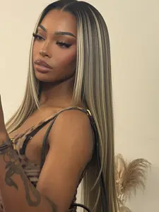 26 Inch Brown Highlighted Straight Lace Front Wig | Heat Resistant Synthetic Hair Soft & Lightweight Natural Parting