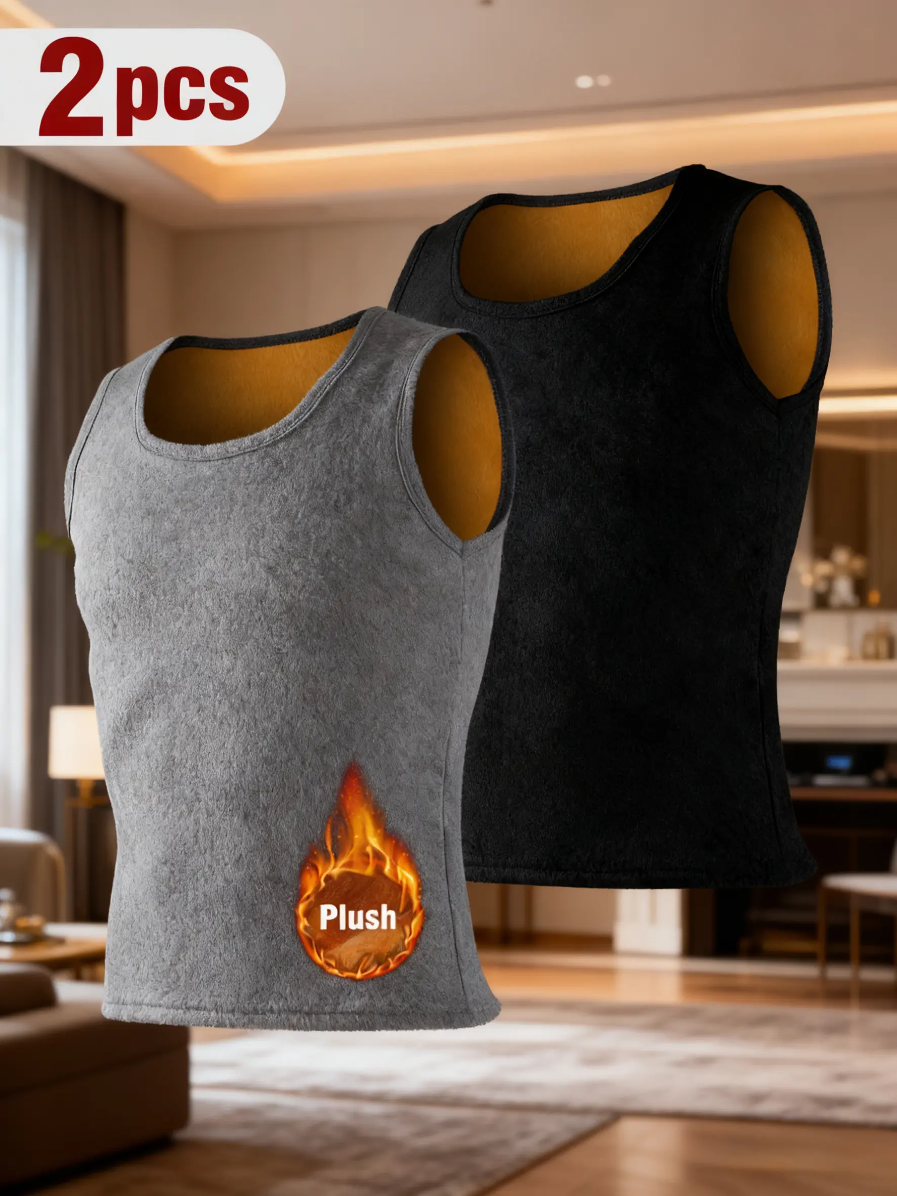 Two men's winter fleece-lined warm vests, polyester-filled sleeveless tops, cold-resistant sports design, versatile style for hiking, outdoor activities, and holidays (grey / black).