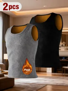 Two men's winter fleece-lined warm vests, polyester-filled sleeveless tops, cold-resistant sports design, versatile style for hiking, outdoor activities, and holidays (grey / black).