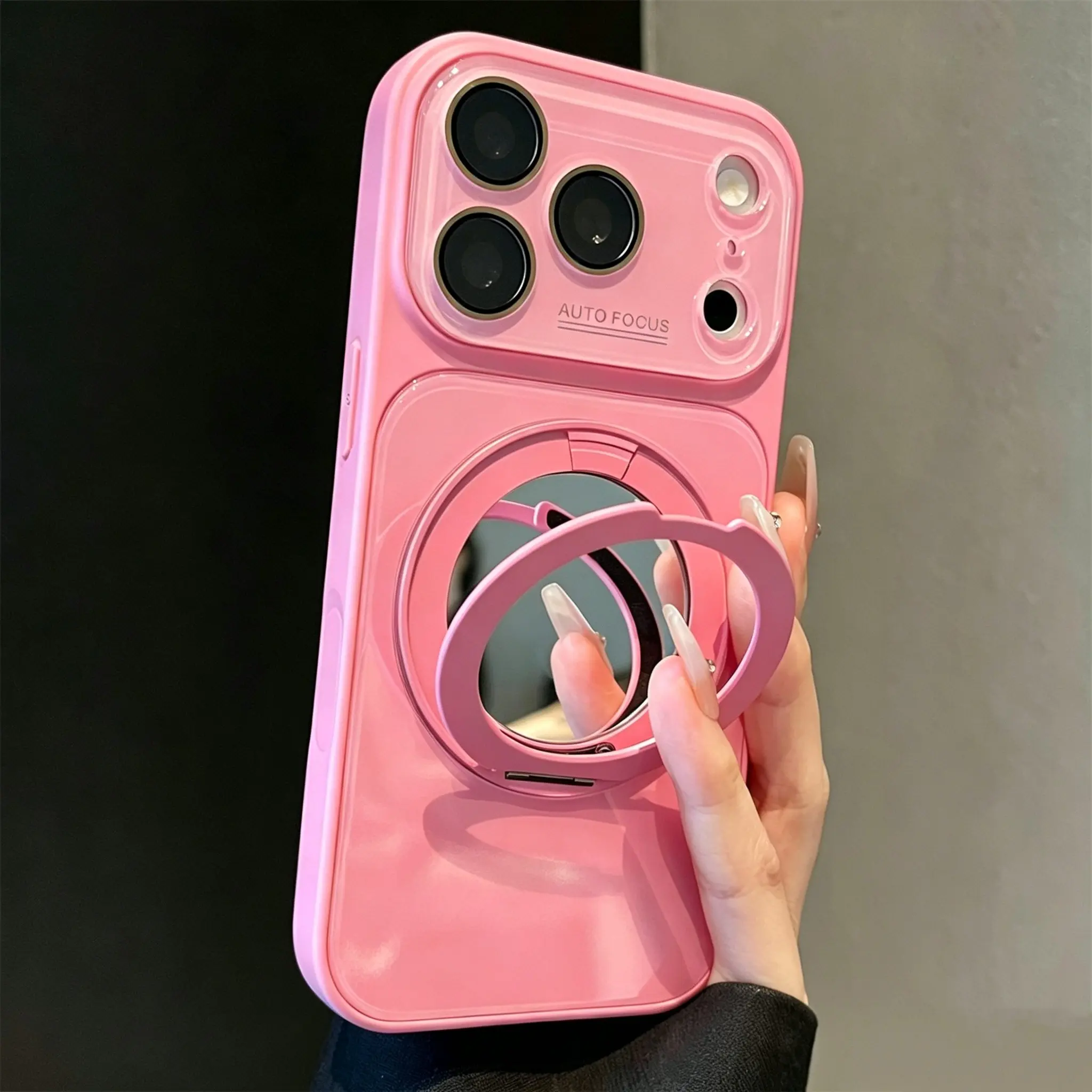 Magnetic Makeup Mirror Kickstand Smartphone Case for iPhone 17/16/15/14/13 Pro Max - Solid Color Glossy Handheld Cellphone Cover with 360° Rotating Stand, Shockproof Protection & Camera Lens Protector for Devices