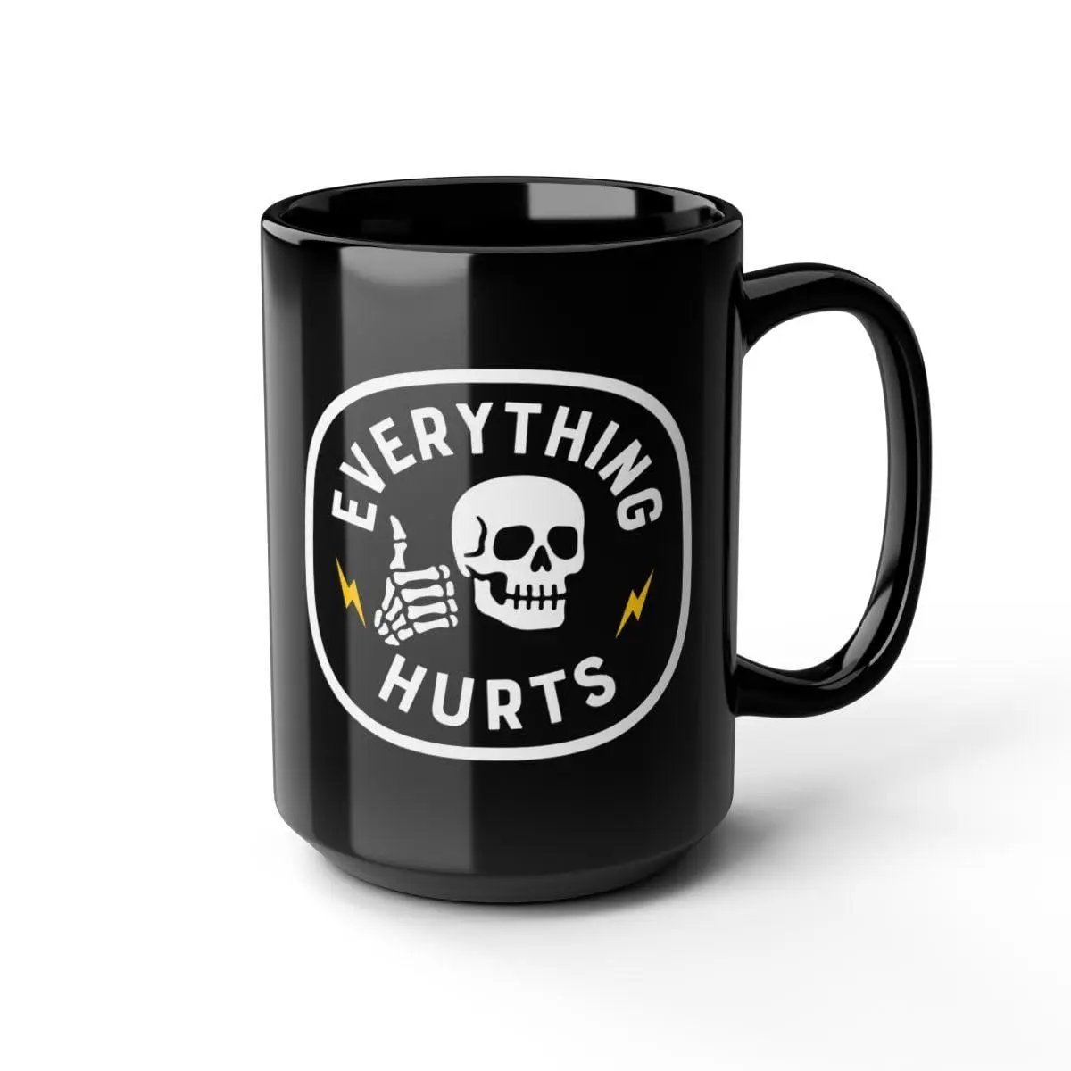 15oz Black Ceramic Coffee Mug - Gothic Theme, Skull Graphic, Goth Aesthetic, Elder Emo, Gothic Kitchen Decor, Microwave-Safe, "Everything Hurts" Saying, Birthday Gift Ideas for 30th 40th 50th 60th Over the Hill Celebrations