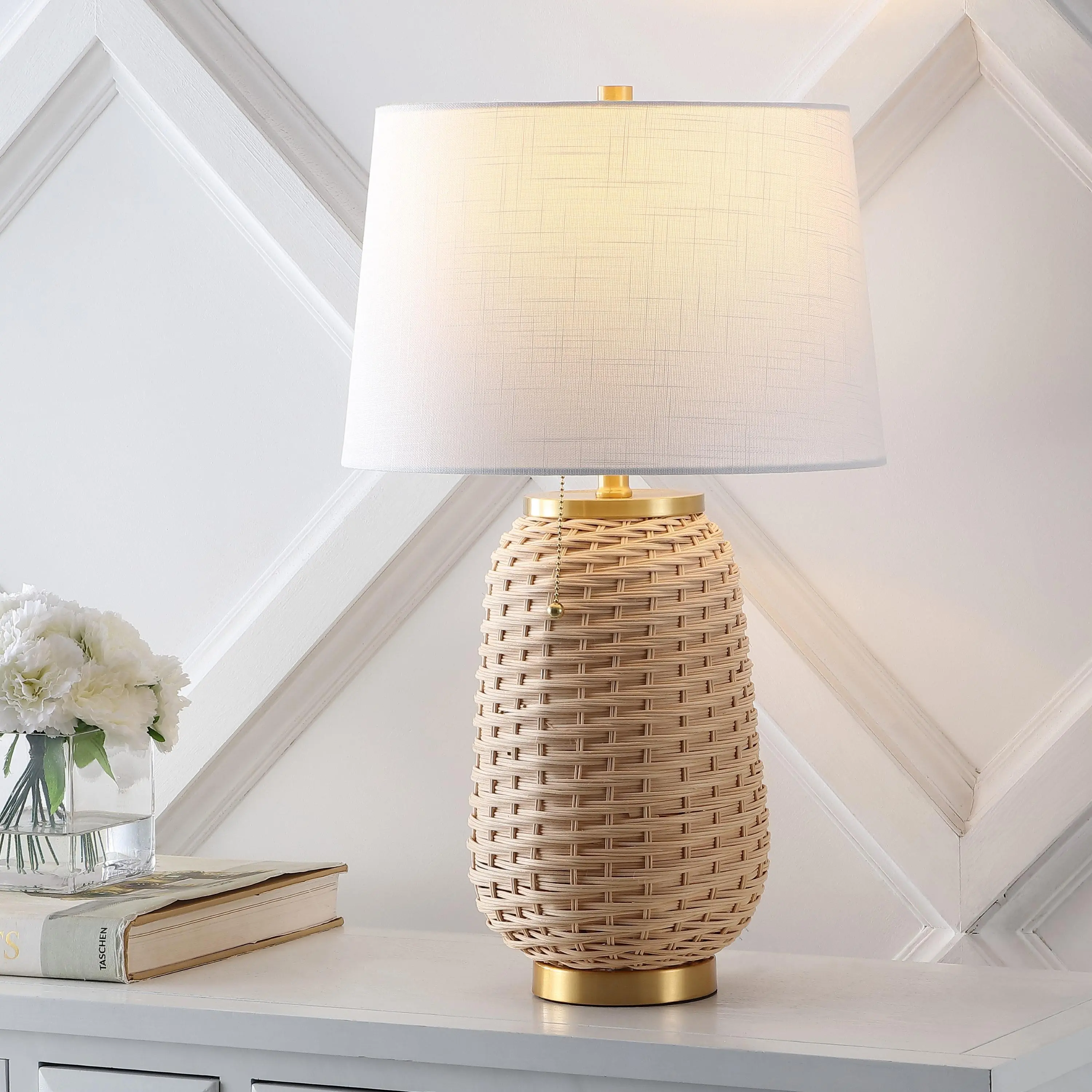 JONATHAN Y Chakrii Table Lamp 25" Pull Chain | Rattan Bohemian Rustic Coastal Decor, White Linen Empire Shade, Metal Base, LED Bulb Included
