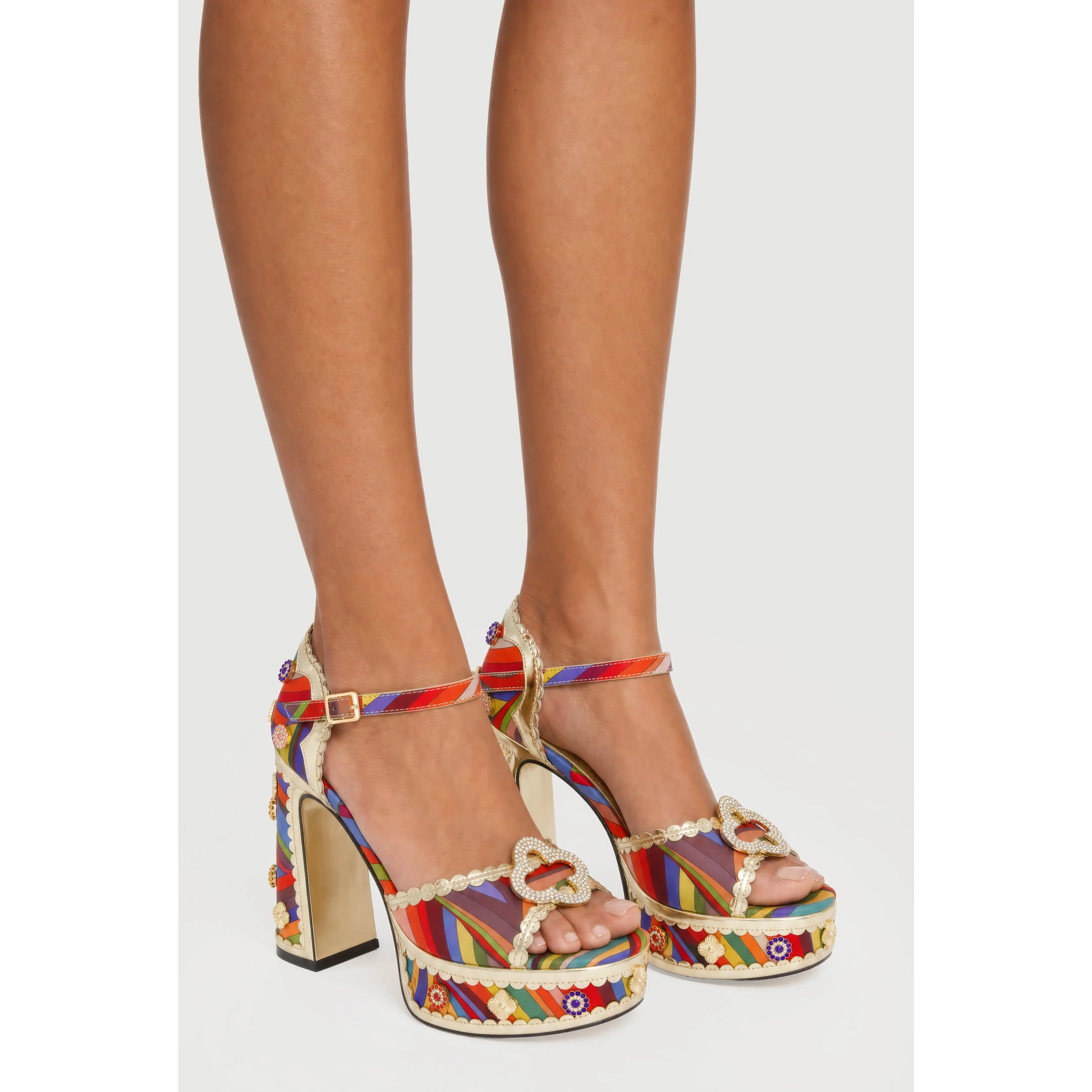 Block Heel Platform Sandals with Gemstones
