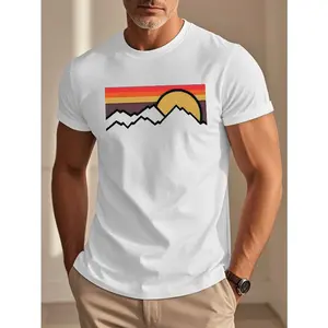 Men's White Retro Multicolor Striped Loose Round Neck Shortsleeve Tshirt, Lightweight Breathable, with Mountain & Tree Print, for Hiking, Casual Wear, Pair with Jeans, All-Season Menswear Top
