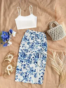 Summer 2-Piece Set: Casual Holiday, Solid Color Thin Strap Top and Floral Split Skirt, Stylish and Comfortable