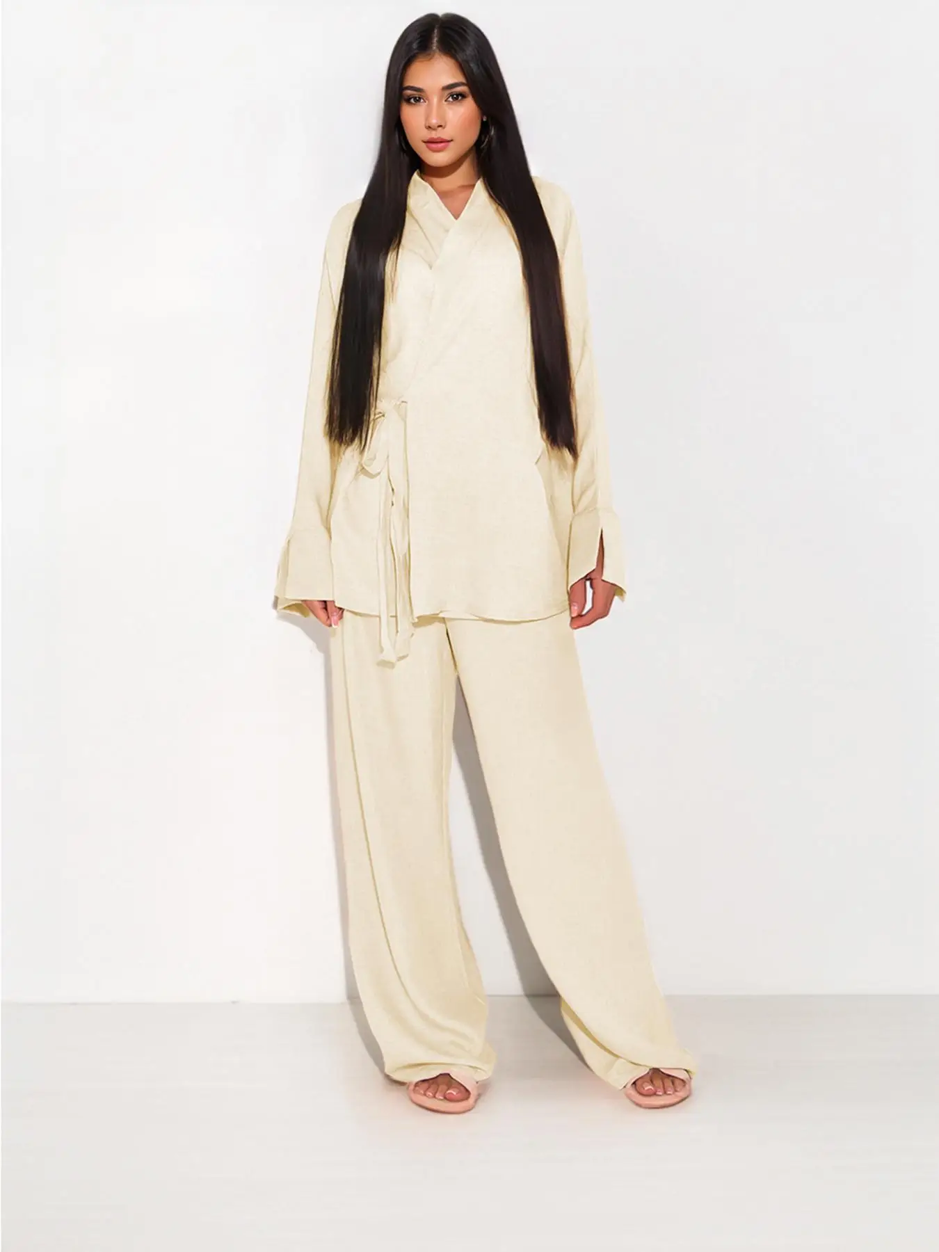 Women's Solid Wrap Detail Tie Side Top & Elastic Waist Pants Two-piece Set, Modest Split Long Sleeve Outerwear & Wide Leg Pants Set, Muslim Fashion Ca