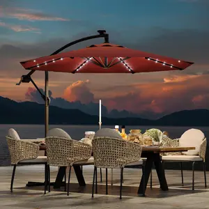 【GARVEE】10FT offset patio umbrella with solar lights, 32 LED Lights patio umbrella with Infinite Tilt and Cross Base for 2-6 People, Fade Resistant Canopy for Deck Pool Garden Backyard (Wine Red)