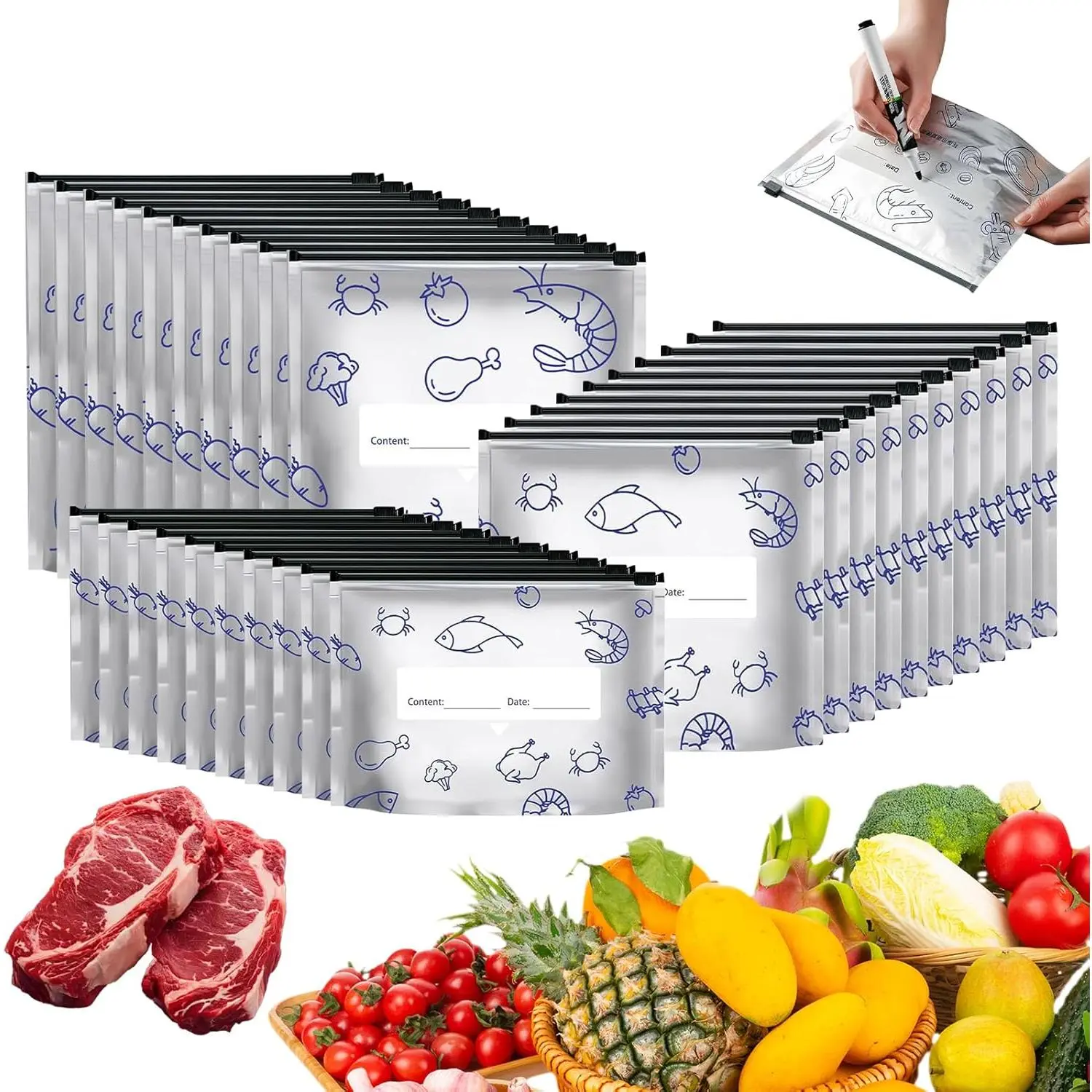 【TikTokShopBlackFriday】30Pcs Aluminum Foil Food Storage Bags, Stand-Up Leakproof Zipper Pouches for Freezer, Meat & Veggies, perfect for Thanksgiving, Christmas, and New Year gifts